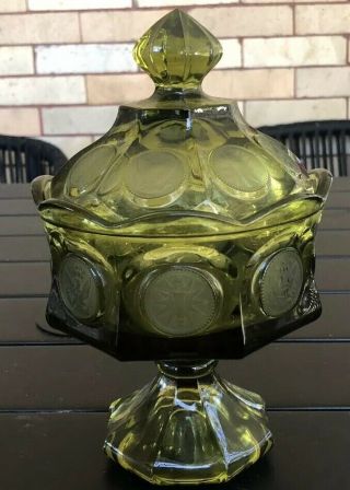 Vintage Fostoria Olive Green Coin Glass Covered Compote Candy Dish
