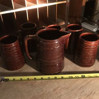 Vintage Mar - Crest Brown Daisy Dot Stoneware Pitcher Ovenproof & 5 Cups