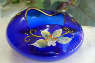 Vintage Bohemian Czech Art Glass Rose Bowl Enamel Gold Hand Painted Cobalt Blue