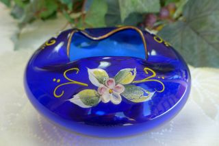 Vintage Bohemian Czech Art Glass Rose Bowl Enamel Gold Hand Painted Cobalt Blue 2