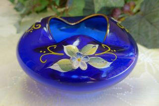 Vintage Bohemian Czech Art Glass Rose Bowl Enamel Gold Hand Painted Cobalt Blue 3