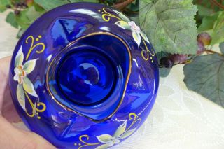 Vintage Bohemian Czech Art Glass Rose Bowl Enamel Gold Hand Painted Cobalt Blue 4