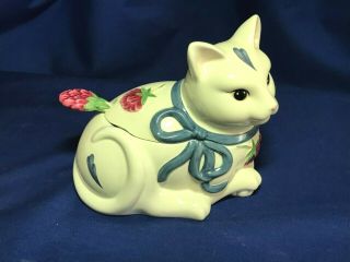 Lenox Poppies On Blue Barnyard Figural Cat Sugar Bowl & Spoon Box