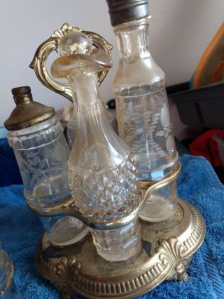 6 Antique Cruet Bottles Metal Open Lid Topped Different Etched Patterns Clear