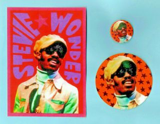 Stevie Wonder.  Badge,  Sticker & Postcard.  Tamla Motown.