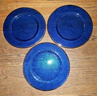 Three Cobalt Blue Glass Dinner Plates With Gold Rim 12 1/2 Inch Diameter