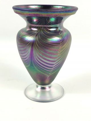 Vintage Pulled Feather Vase Irridescent Purple Tiffany Style Art Glass
