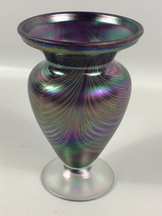 Vintage Pulled Feather Vase Irridescent Purple Tiffany Style Art Glass 2