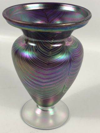 Vintage Pulled Feather Vase Irridescent Purple Tiffany Style Art Glass 3