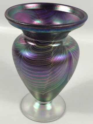 Vintage Pulled Feather Vase Irridescent Purple Tiffany Style Art Glass 4