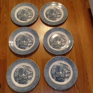 6 Currier And Ives 10 1/4” Dinner Plates Old Grist Mill,  Usa By Royal China