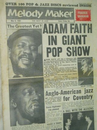 Melody Maker Pop Paper.  6th May 1961.  Adam Faith. ,  Jazz. ,  Parker. ,  Etc