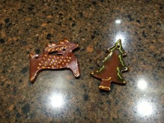 2 Ned Foltz Redware Pottery Christmas Ornaments Reindeer And Tree.  One Price