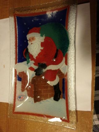 Signed Peggy Karr Fused Glass - 6 " By 10 " Rectangular - Santa Cookie Plate