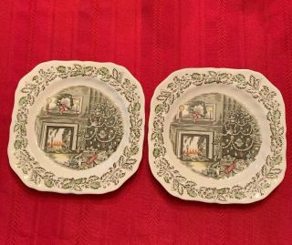 2 Johnson Brothers Merry Christmas 7 5/8 Inch Square Ironstone Plates