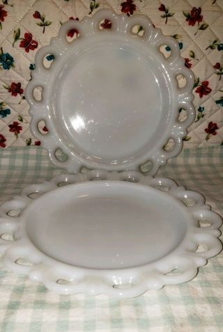 2 Vtg Anchor Hocking Milk Glass Lace Edge Open Heart 8 " Plates For The Collector