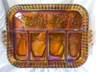Vtg.  Indiana Carnival Glass Divided/relish Tray - Iridescent Marigold/amber - Xlnt