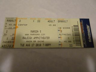 Maroon 5 World Tour 2010 Raleigh Concert Ticket Stub