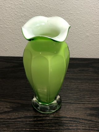 Vintage Fenton Vase Green Overlay 7 1/2 " Tall Hand Blown And Flawless