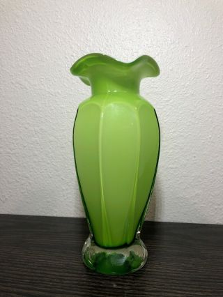 Vintage Fenton Vase Green Overlay 7 1/2 