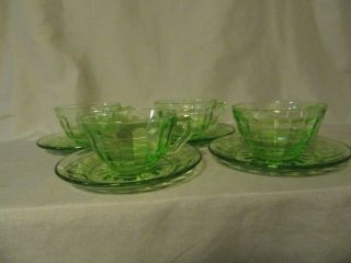 Anchor Hocking Green Depression Glass 4 Cups & Saucers Block Optic Pattern 70 