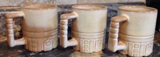 3 Frankoma Pottery Desert Gold Mayan Aztec Mugs Cups Oklahoma Usa Made C4