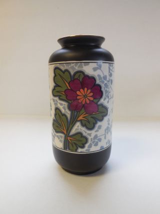 Vintage Crown Ducal Vase Pattern 654 Black W/ Magenta Flowers 6 "