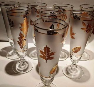 Vintage Set 8 Libbey Mcm Frosted Gold Leaf Pattern Pilsner Beer Glasses