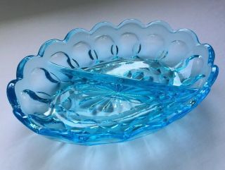 Vintage Indiana Glass Aqua Blue Thumb Print Oval Divided Candy,  Nut,  & More Dish