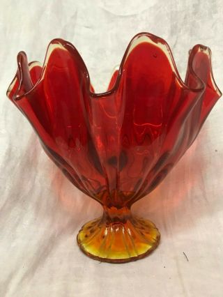 Vintage Amberina Ruffled Edge Glass Footed Pedestal Compote Bowl