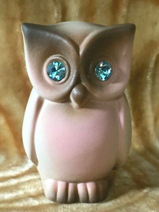 Vtg Ca Pottery/roselane 3 1/2 " Sparkler Owl Figurine W/lgt Blue Rhinestone Eyes