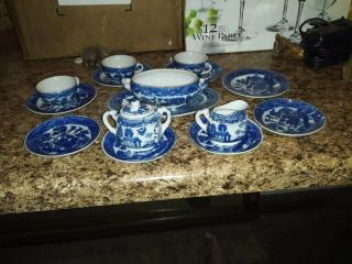 Vintage 15 Piece Occupied Japan Blue Willow Miniature Teapot Tea Set