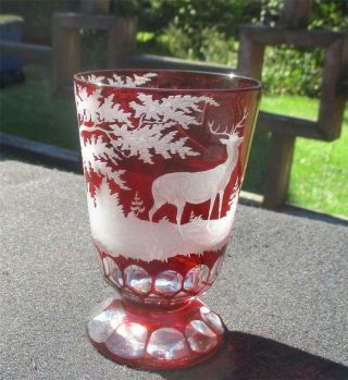 Vintage Small Bohemian Red Glass Footed Vase - Nicely Etched,  5 " Tall