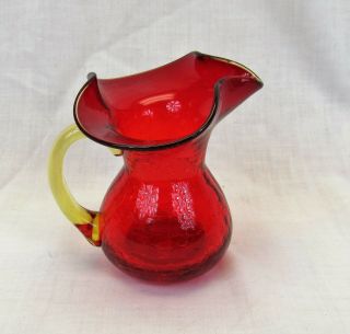 Crackle Glass Pitcher Ruby Red Applied Yellow Handle Vintage 4 1/4 " Hand Blown