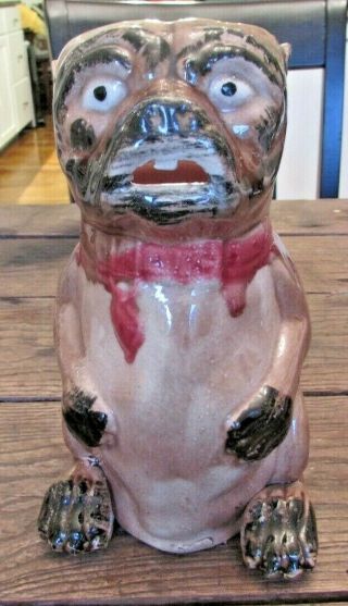 Rare Large Antique Figural Pug Bulldog Majolica Pottery Pitcher 19th Century