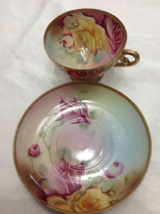 Nippon Hand Painted Gold Moriage Roses Tea Cup And Saucer Demitasse Exc