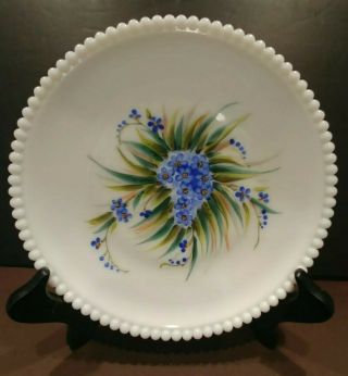 Vintage Milk Glass Hobnail Plate With Hand Painted Foget - Me - Nots 7 1/4 Inches
