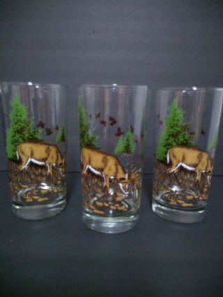 Set Of 3 Libbey Glasses With Deer Duck Trees Highball Man Cave Hunting Fishing