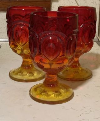 3 Vintage L.  E.  Smith Amberina Flame Red Moon & Star Glass 6 " Water Goblets