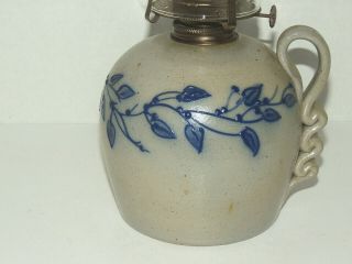 Vintage Salmon Falls Salt Glazed Stoneware Blue Berry Vine Oil Lamp 2