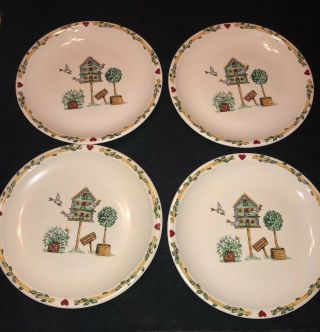 Thomson Pottery China Birdhouse Heart & Vine Border 4 Dinner Plates 10 1/2”new