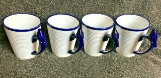 Fitz And Floyd Everyday White Blue Coffee Mugs Bird Handle Set 4