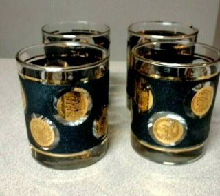 Vintage Libbey Black and Gold COIN GLASSES,  SET OF 4,  Whiskey - Cocktail 3