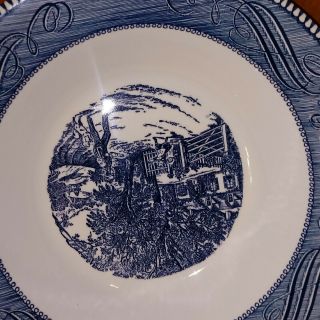 VINTAGE BLUE AND WHITE CURRIER AND IVES ROUND SERVING BOWL 10 