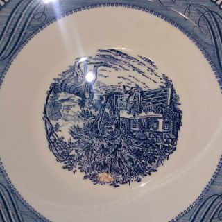VINTAGE BLUE AND WHITE CURRIER AND IVES ROUND SERVING BOWL 10 