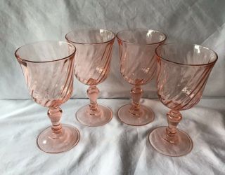 4 Cristal D’arques France Rosaline Pink Glaass Optic Swirl Water Goblets 6 1/2”.