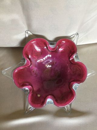 Vintage Handmade Glass Ashtray Bowl (murano ?) Cranberry Pink White Cased