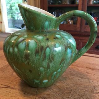 Mid Century Modern Pitcher Vase Vintage Green Speckled Glaze,  Signed 5.  5” Tall