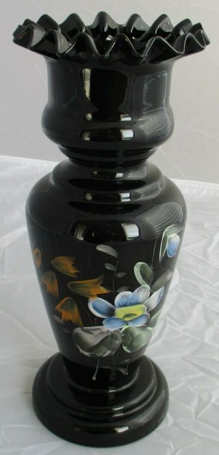 Vintage Elegant 10.  5 " Black Amethyst /ruby Glass Ruffled Edge Vase Hand Painted