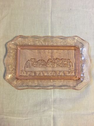 Vintage 11 X 7 Tiara Indiana Rose Pink Glass Bread Tray Plate The Last Supper